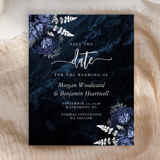 Budget Navy Silber Blumen Hochzeit Save the Date