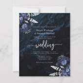 Budget Navy Silber Blumen QR Code Hochzeits-Einlad (Vorderseite)