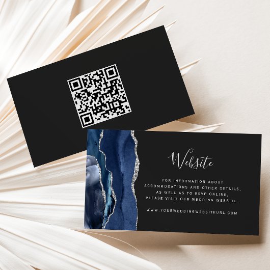 Budget Navy Silver Agate Dark Wedding QR Code Begleitkarte