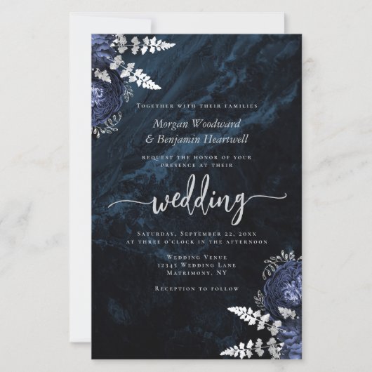 Budget Navy Silver Floral QR Code Wedding Invite (Vorderseite)