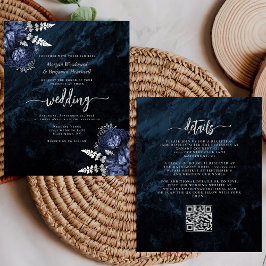 Budget Navy Silver Floral QR Code Wedding Invite
