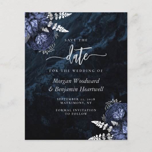 Budget Navy Silver Floral Wedding Save the Date (Vorderseite)