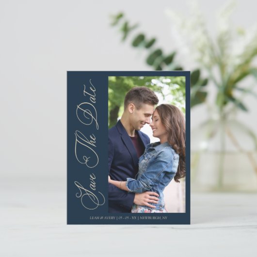 Budget Navy Wedding Photo Wimshical Script (Stehend Vorderseite)