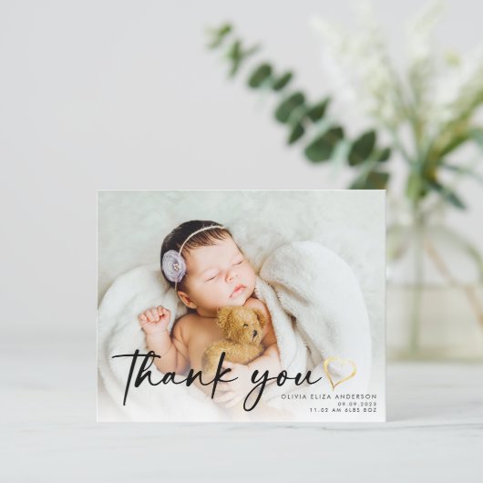 BUDGET Neues Baby Foto Gold Herz Danke Karte (Stehend Vorderseite)