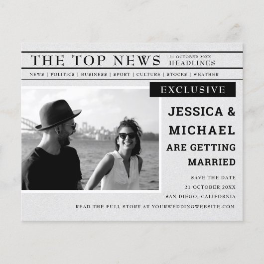 Budget Newspaper Schwarz-weißes Foto Save the Date (Vorderseite)