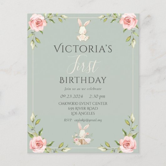 Budget Niedlich Bunny 1. Geburtstag Einladung Flyer (Vorne)