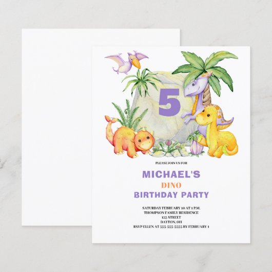 Budget Niedlich Dinosaurier 5. Geburtstag Einladun (Vorne/Hinten)