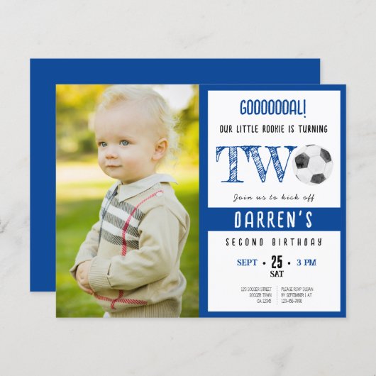 Budget Niedlich Soccer Foto 2. Geburtstag Einladun (Vorne/Hinten)