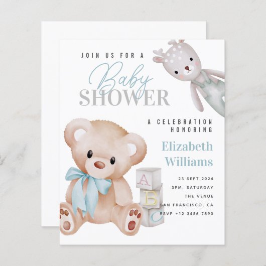 BUDGET Niedlich Teddy Bear Baby Dusche Einladung (Vorne/Hinten)