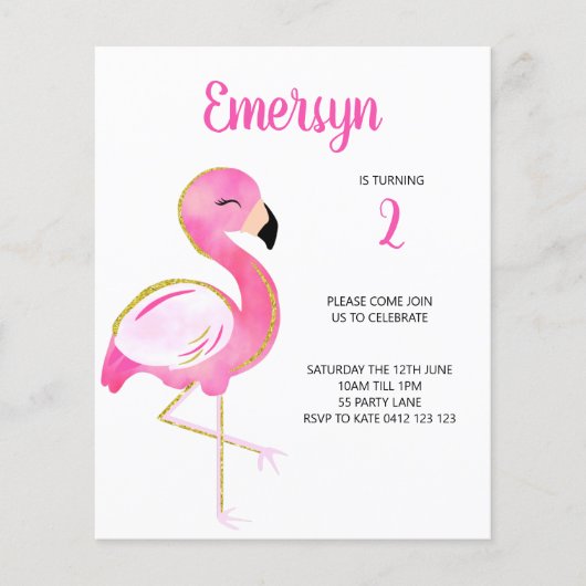 BUDGET Niedlich Watercolor Flamingo Pink Einladung (Vorderseite)