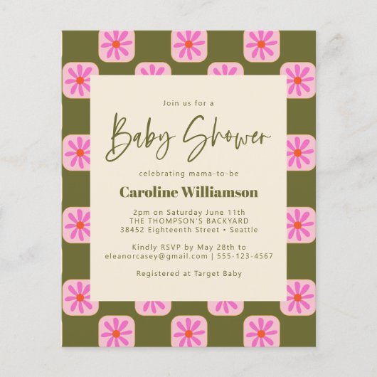 Budget Niedlicher Karo Blumengrün Pink Babydusche (Vorderseite)