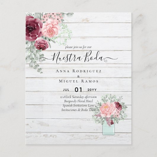BUDGET Nuestra BODA Burgundy Pink Floral Wedding Flyer (Vorne)