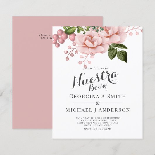 BUDGET Nuestra Boda Einladung - Rosa Rosen blush (Vorne/Hinten)
