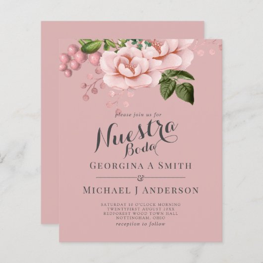 BUDGET Nuestra Boda Einladung - Rosa Rosen blush (Vorne/Hinten)