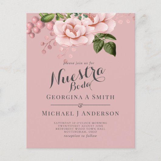 BUDGET Nuestra Boda Einladung - Rosa Rosen blush (Vorderseite)