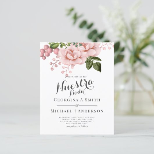 BUDGET Nuestra Boda Einladung - Rosa Rosen blush (Stehend Vorderseite)