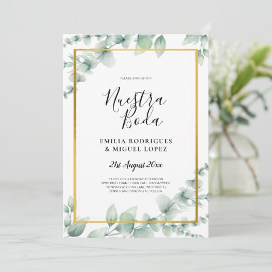 BUDGET NUESTRA BODA Eucalyptus GOLD QR CODE Flye Einladung (Stehend Vorderseite)