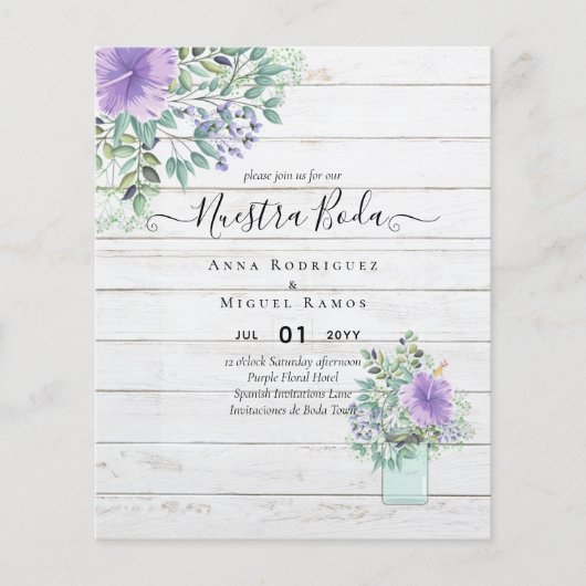 Budget Nuestra Boda Lila Floral Einladungen Flyer (Vorne)