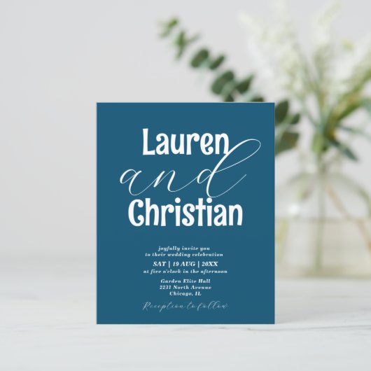 Budget Ocean Blue Scripture Wedding Invitation (Stehend Vorderseite)