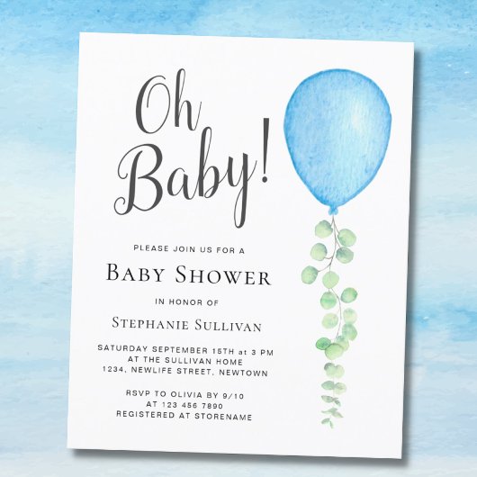 Budget Oh Baby Blue Balloon Baby Dusche Einladung