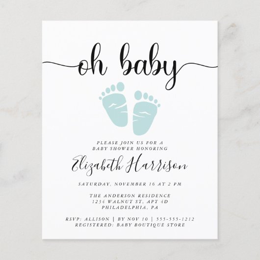 Budget Oh Baby Mint Green Dusche Einladung (Vorderseite)