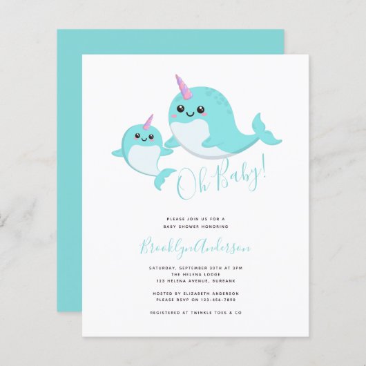 Budget Oh Baby Narwhal Baby Dusche Einladung (Vorne/Hinten)
