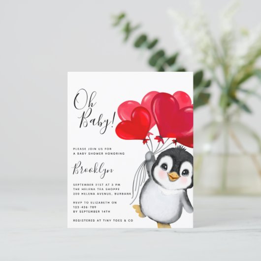 Budget Oh Baby Penguin Babydusche Einladung (Stehend Vorderseite)