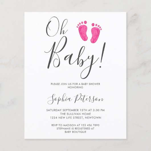 Budget Oh Baby Pink Feet Babydusche Einladung (Vorderseite)