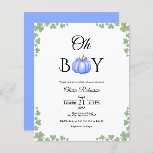 Budget Oh Boy Blue Pumpkin Fall Baby Dusche einlad (Vorne/Hinten)