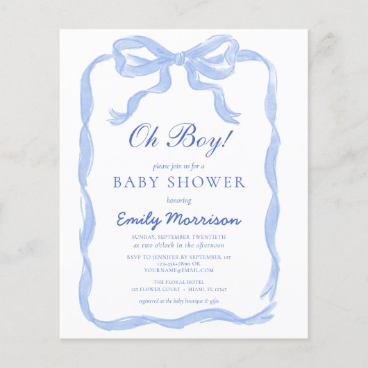 Budget Oh Boy Blue Ribbon Bow Baby Dusche Flyer (Vorne)