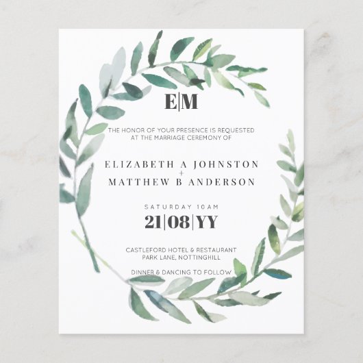 Budget Olive Blätter Typografie Wedding Einladunge (Vorderseite)