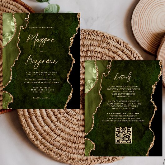 Budget Olive Green Agate Script QR Code Wedding