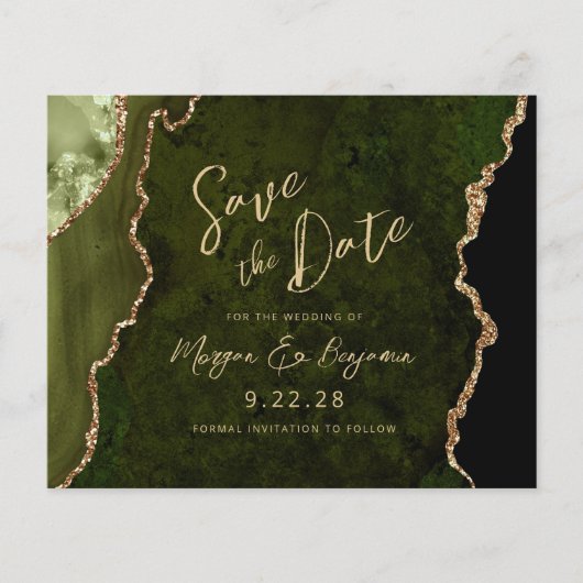 Budget Olive Green Agate Wedding Save the Date (Vorderseite)