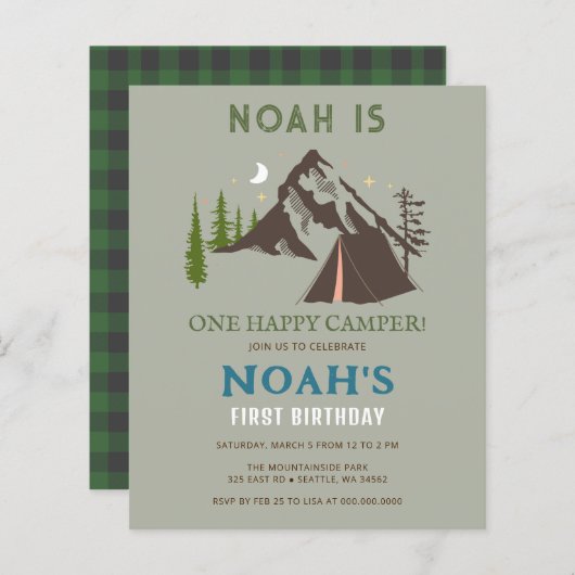 Budget One Happy Camper Jungen erster Geburtstag (Vorne/Hinten)