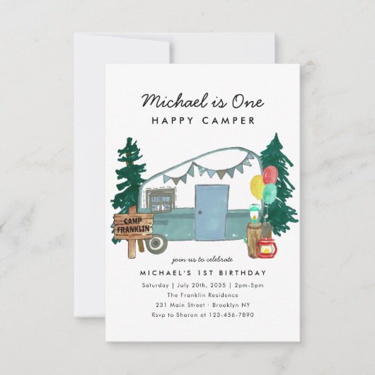 Budget One Happy Camper Trees Camping 1. Geburtsta Mitteilungskarte (Vorderseite)