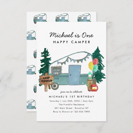 Budget One Happy Camper Trees Camping 1. Geburtsta Mitteilungskarte (Vorne/Hinten)