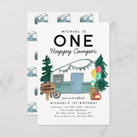 Budget One Happy Camper Trees Camping 1. Geburtsta Mitteilungskarte (Vorne/Hinten)