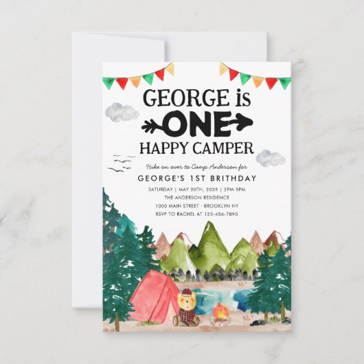 Budget One Happy Camper Woods Camping 1. Geburtsta Mitteilungskarte (Vorderseite)