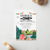 Budget One Happy Camper Woods Camping 1. Geburtsta Mitteilungskarte (Vorderseite/Rückseite Beispiel)