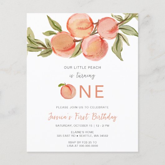 Budget One Sweet Peach First Birthday Einladung (Vorderseite)