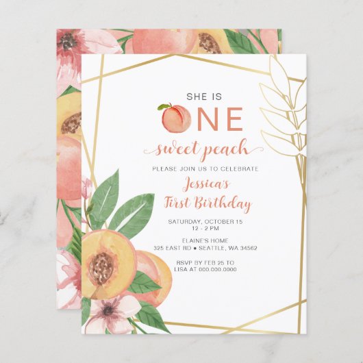 Budget One Sweet Peach First Birthday photo Invite (Vorne/Hinten)