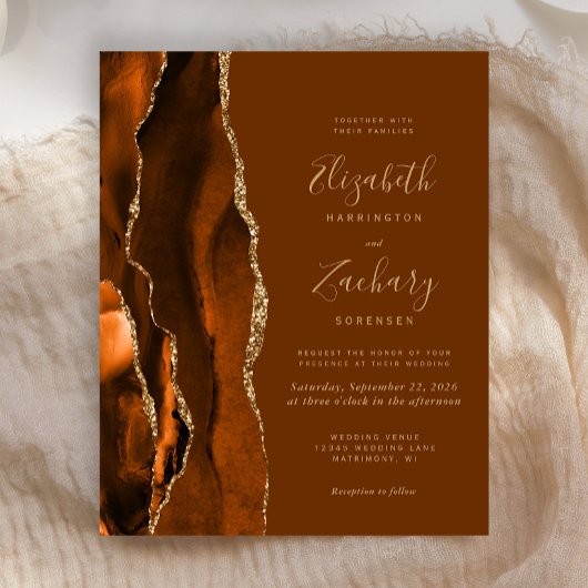 Budget Orange Gold Brown Agate Wedding Einladung
