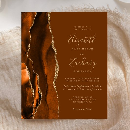 Budget Orange Gold Brown Agate Wedding Einladung