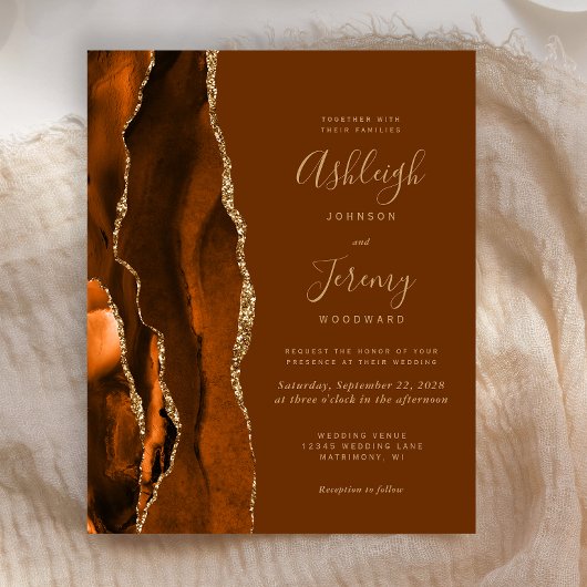 Budget Orange Gold Brown Agate Wedding Einladung
