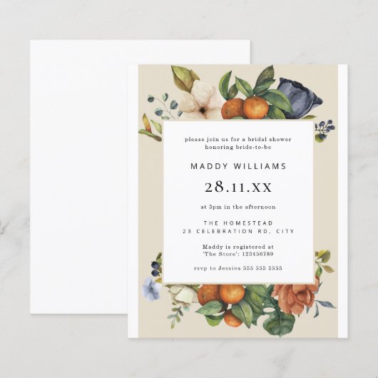 Budget Orange Summer Boho Bridal Dusche Einladung (Vorne/Hinten)