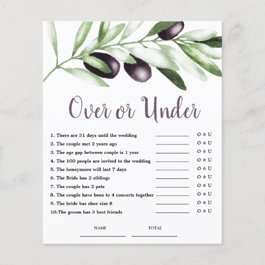Budget Over oder Under Olive Brautparty Game (Vorderseite)