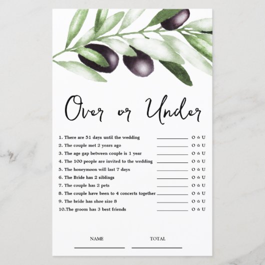 Budget Over oder Under Olive Brautparty Game (Vorderseite)