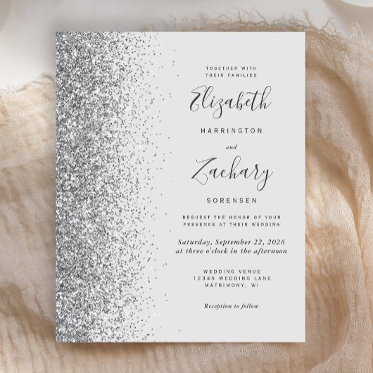 Budget Pale Gray Silver Glitzer Einladung Hochzeit
