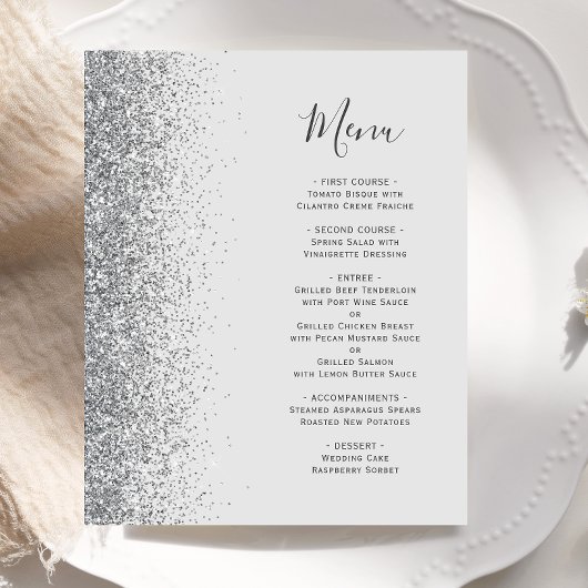 Budget Pale Gray Silver Glitzer Wedding Menu