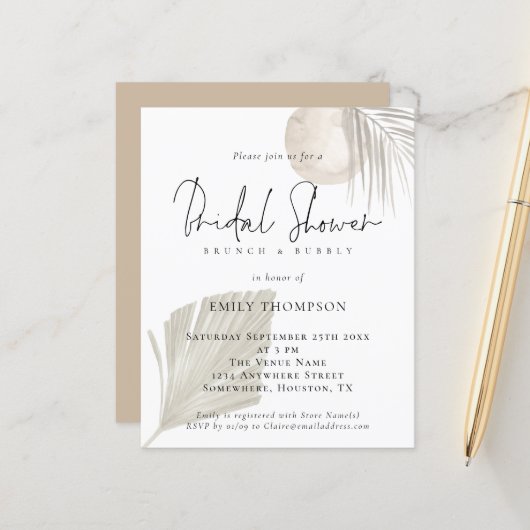 Budget Pampas Brunch Bubbly Brautparty Einladung (Vorderseite/Rückseite Beispiel)